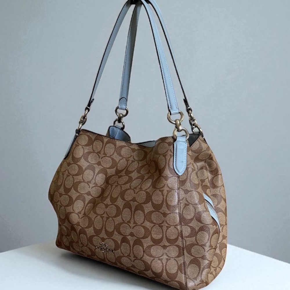 Authentic Coach Hallie Brown Lt Blue Signature Hobo Shoulder Bag - Picture 2 of 16